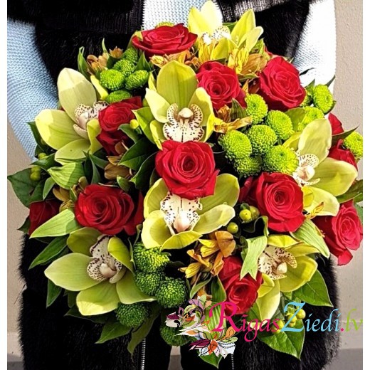 Gentle green orchid and red rose bouquet