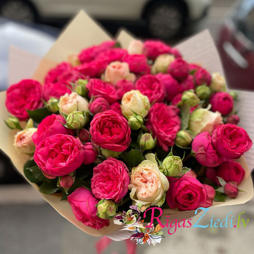 A bouquet of peony-like bush roses