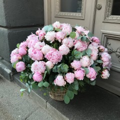 101 peonies in a basket with eucalyptus