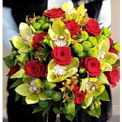 Gentle green orchid and red rose bouquet